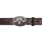 Buffalo Head Oval Belt Buckle in Sterling Silver and Brown Crocodile Leather Belt Strap