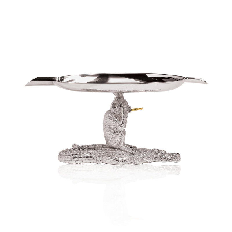 Crocodile & Monkey Ashtray in Sterling Silver with 18ct Gold Cigar