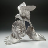 Saker Falcon Attacking & Houbara Bustard Sculpture in Sterling Silver