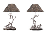 The Lion & Leopard Lamp No.1 and No.2 in Sterling Silver with Guinea Fowl Feather Lampshade 