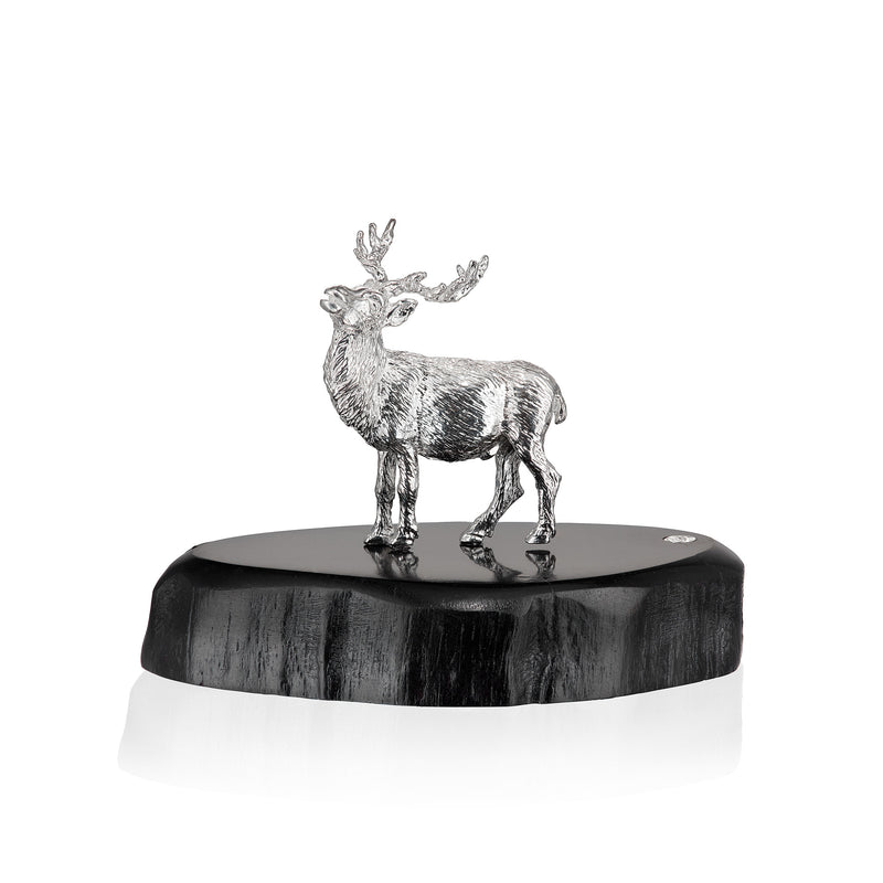 Stag Male Sculpture in Sterling Silver on Zimbabwean Blackwood base - Miniature