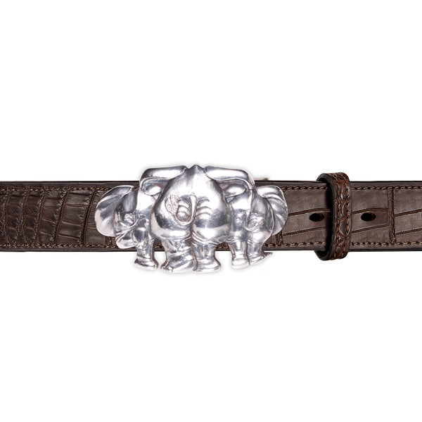 Zozo Elephant Belt Buckle in Sterling Silver and Brown Crocodile Skin Leather Belt Strap