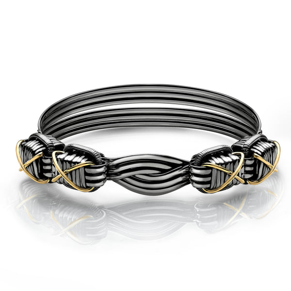 Elephant Hair Bangle Ladies - Gold Cross in Silver with Midnight Patina