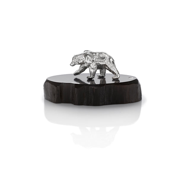 Grizzly Bear Miniature on Dark Wood Base in Silver