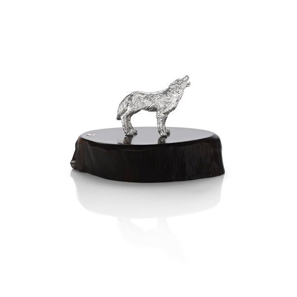 Wolf Miniature on Dark Wood Base in Silver