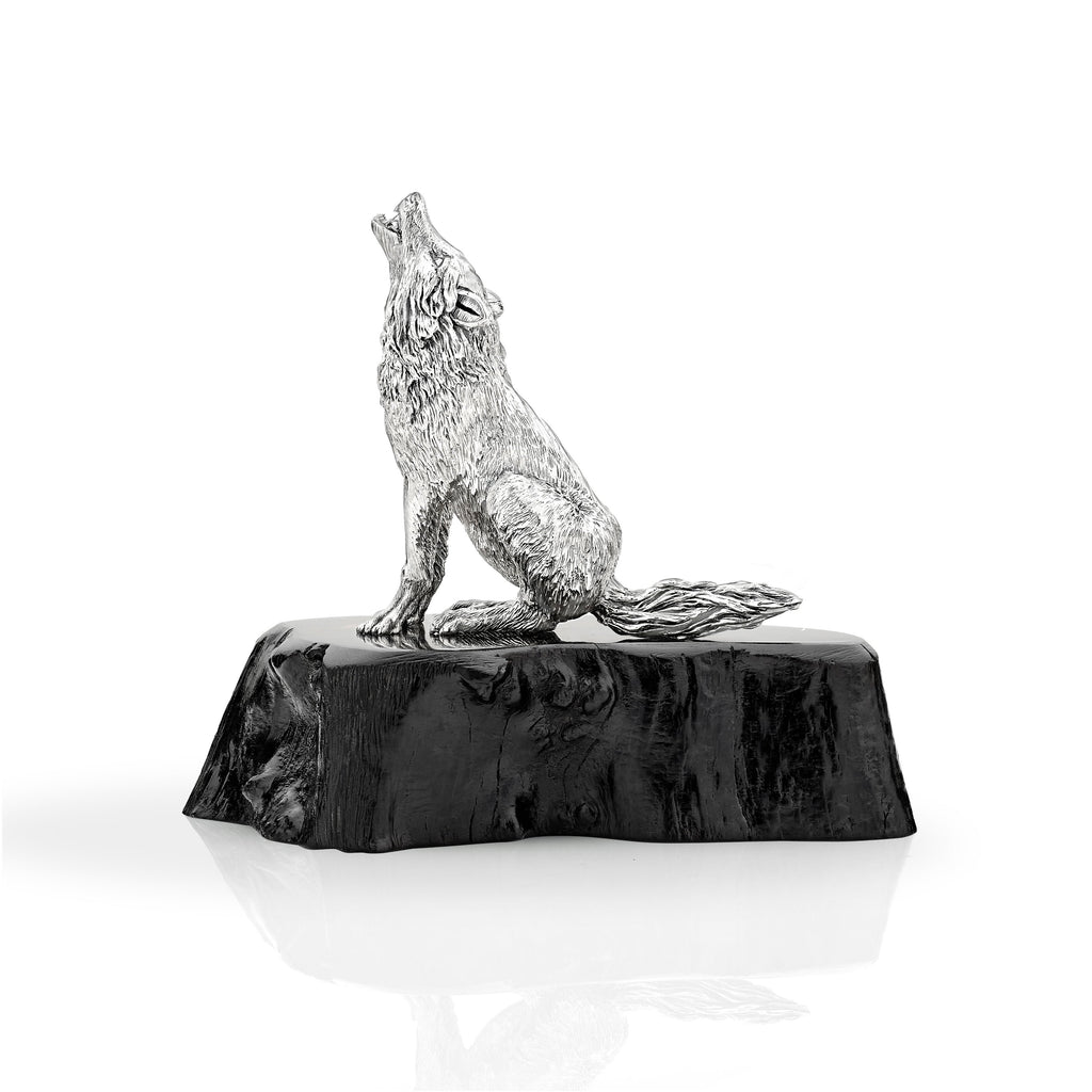 Wolf Sitting on Dark Wood Base Medium