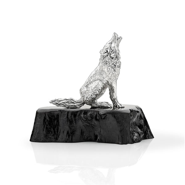 Wolf Sitting on Blackwood Base in Silver - Medium