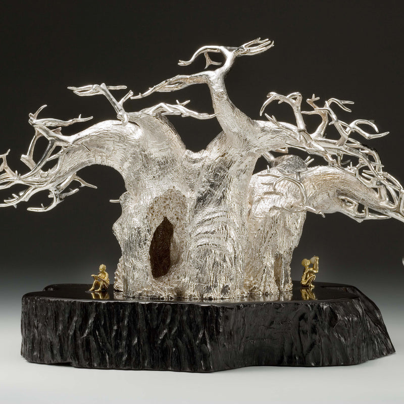 The Baobab Tree in Sterling Silver on Zimbabwean Blackwood base with 18ct Gold Bushmen