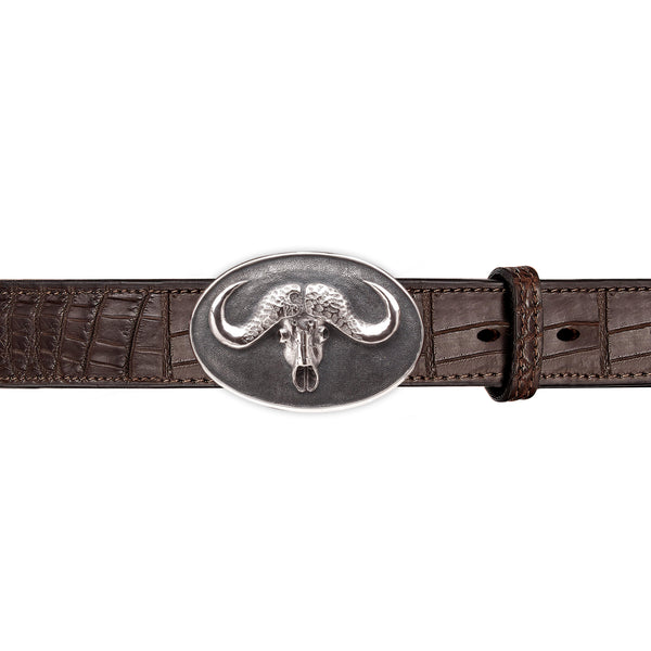 Buffalo Head Oval Belt Buckle in Sterling Silver and Brown Crocodile Leather Belt Strap