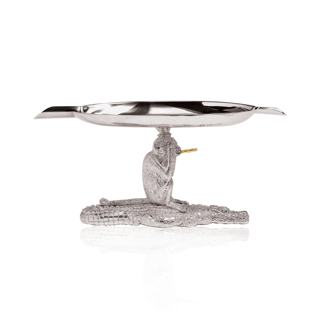Crocodile & Monkey Ashtray in Sterling Silver with 18ct Gold Cigar