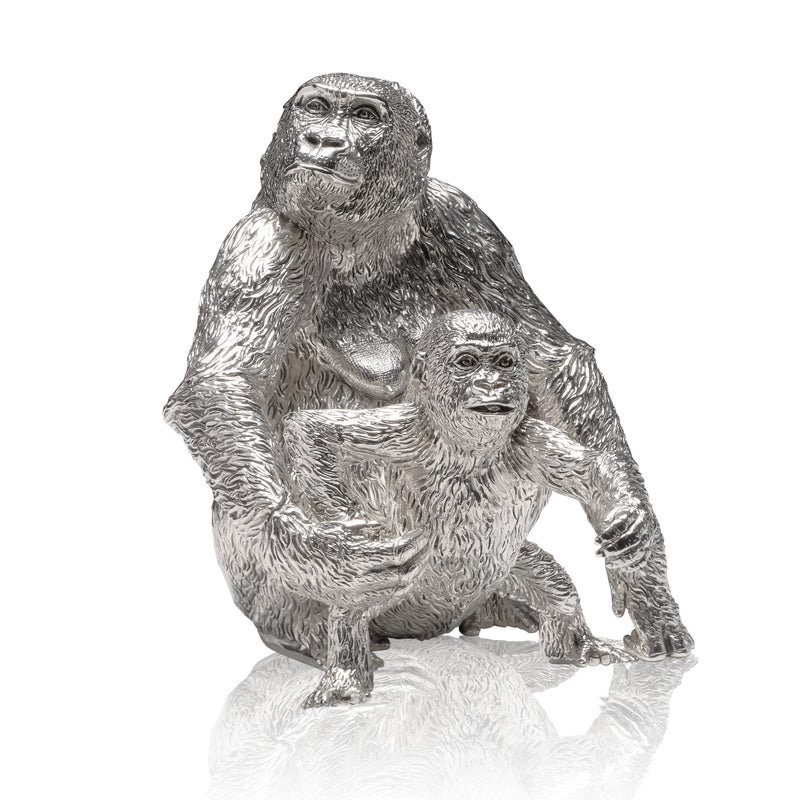 Gorilla Female Sitting & Baby Sculpture in Sterling Silver