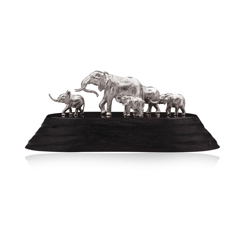 Elephant Cow & 4 Calves Sculpture in Sterling Silver on Zimbabwean Blackwood base