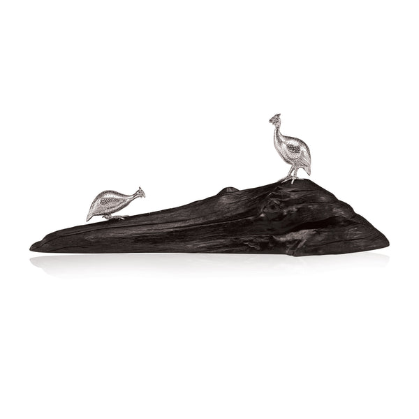 Guinea Fowl Pair Sculpture in Sterling Silver on Zimbabwean Blackwood base - Medium