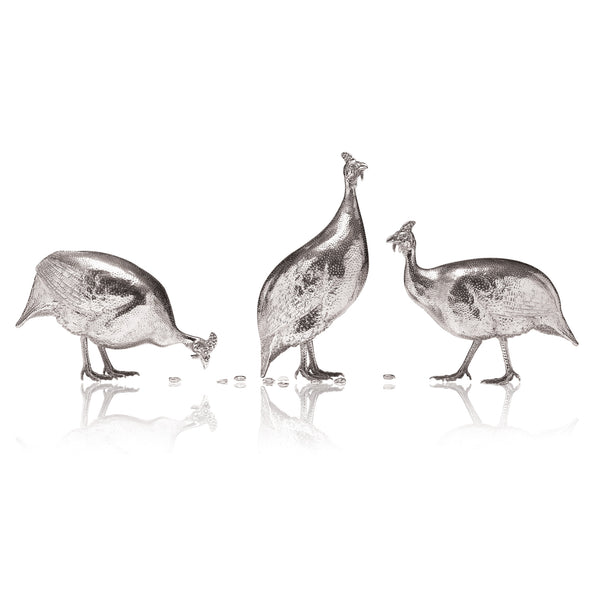 Guinea Fowl Trio (Pecking, Standing, Walking) Sculpture in Sterling Silver - Large