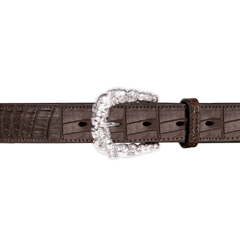 Hippopotamus Belt Buckle in Sterling Silver and Brown Crocodile Skin Leather Belt Strap 