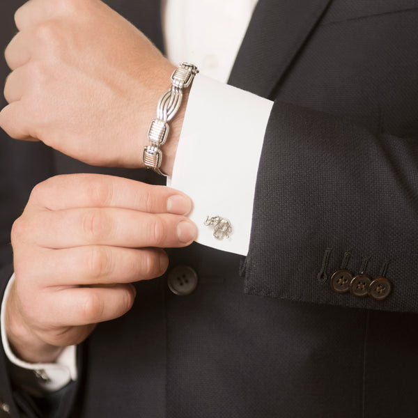 Model Wearing Lucky Elephant Cufflinks in Sterling Silver and Mens Elephant Hair Bangle in Sterling Silver