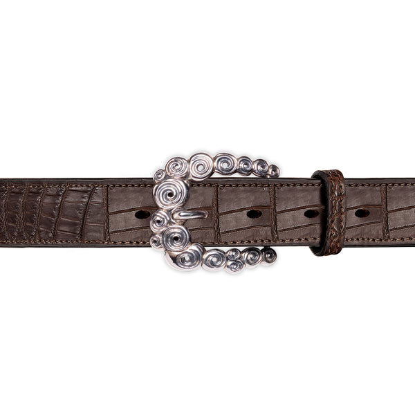 Ndoro Belt Buckle in Sterling Silver and Brown Crocodile Skin Leather Belt Strap