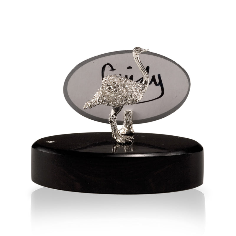 Ostrich Head Up Place Card Holder in Sterling Silver on Zimbabwean Blackwood base