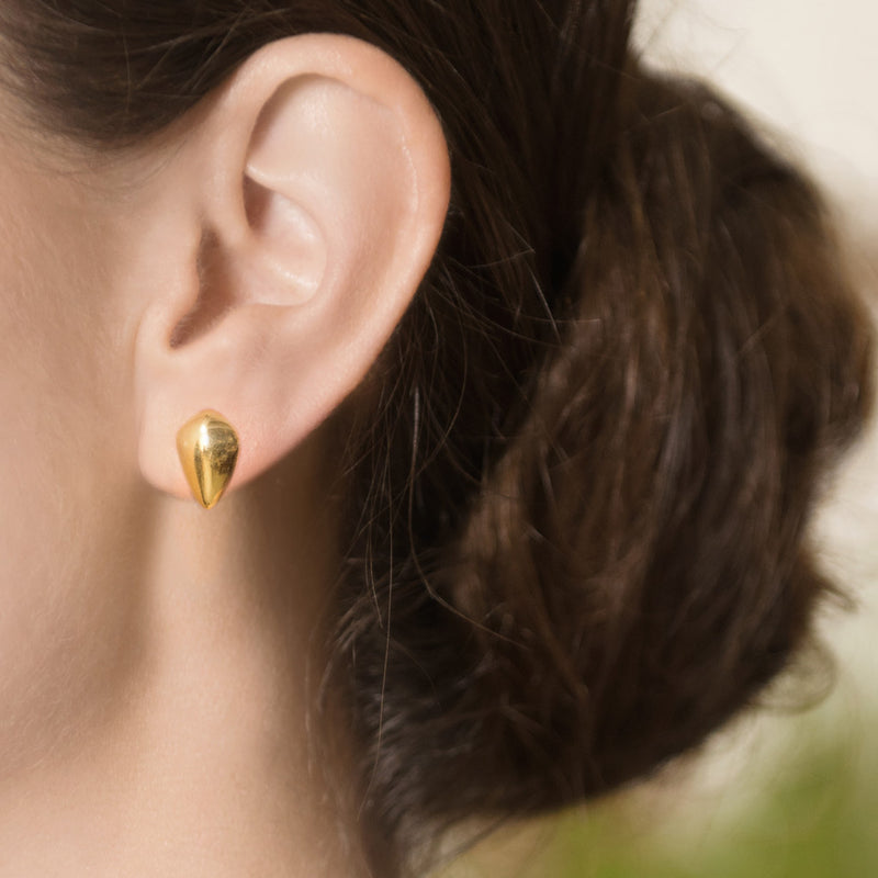 Model Wearing Pangolin Scale Stud Earrings in 18ct Gold
