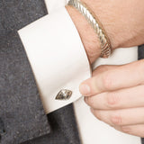 Model Wearing Pangolin Shield Cufflinks in Sterling Silver and Pangolin Armour Bangle in Sterling Silver