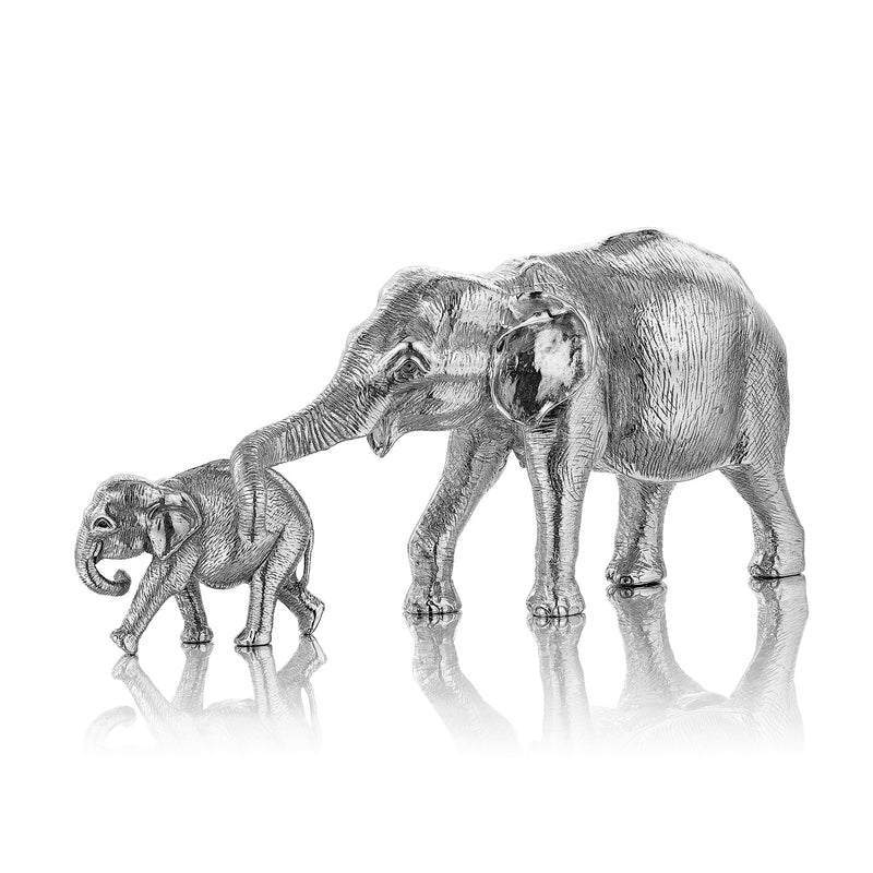 Indian Elephant Cow in Sterling Silver and Indian Elephant Calf Sculpture in Sterling Sivler