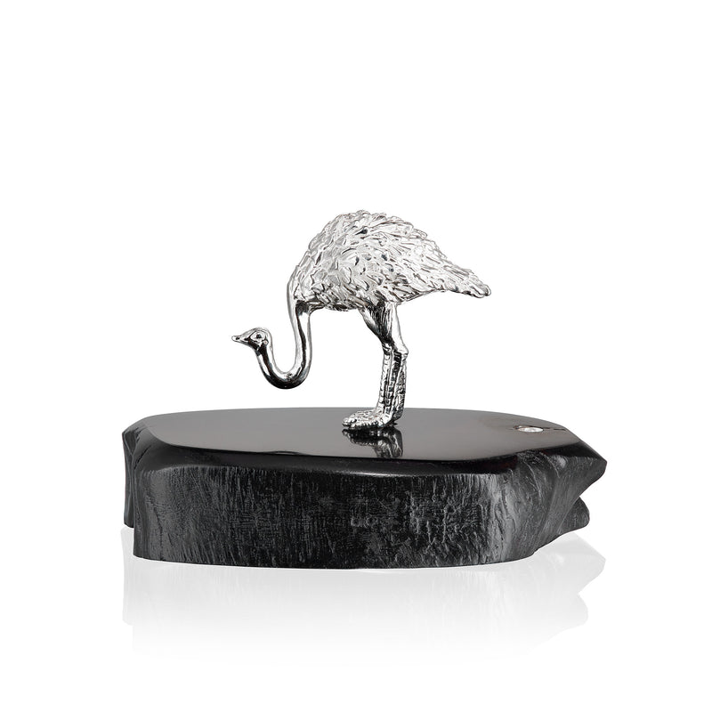Ostrich Head Down Sculpture in Sterling Silver on Zimbabwean Blackwood base - Miniature