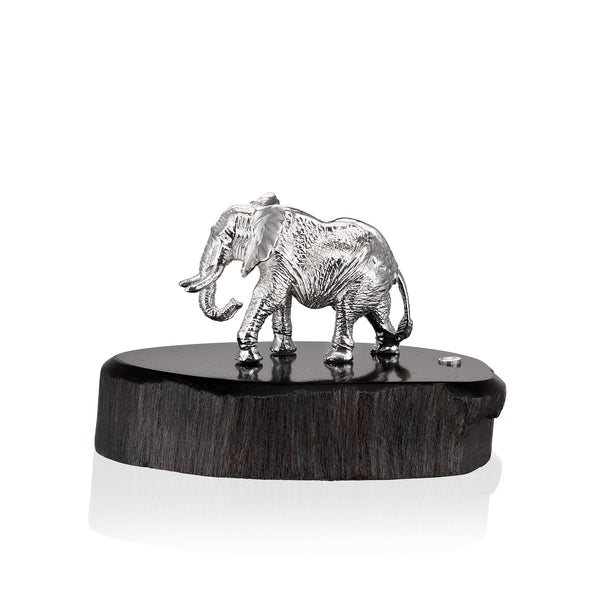 Elephant Sculpture in Sterling Silver on Zimbabwean Blackwood base - Miniature