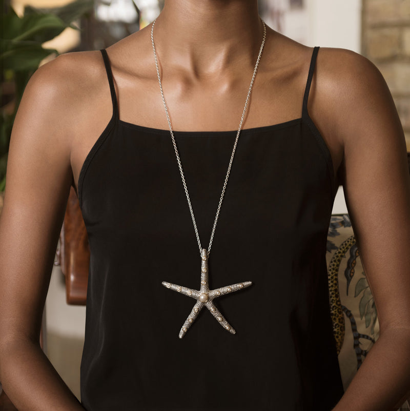 Model Wearing Plus Grande Starfish Necklace in Pearl and Sterling Silver