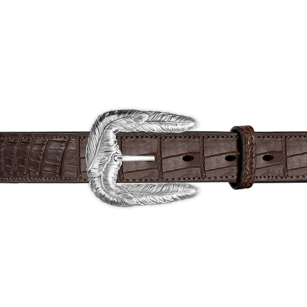 Phoenix Feather Belt Buckle in Sterling Silver and Brown Crocodile Skin Leather Belt Strap