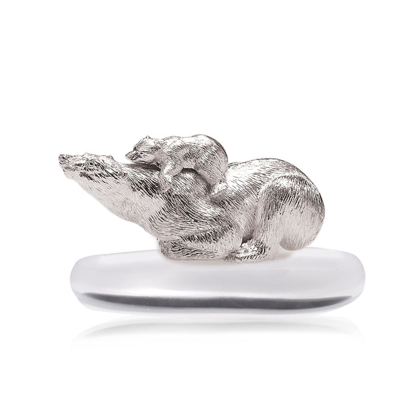 Polar Bear Lying Sculpture in Sterling Silver - Small and Polar Bear Cub Lying Sculpture in Sterling Silver 