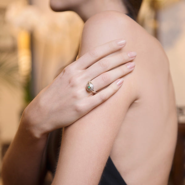 Model Wearing Sea Urchin Starfish Ring Chrysoprase in Sterling Silver and 18ct Gold