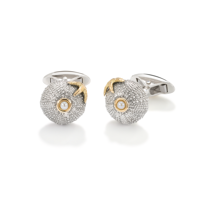 Sea Urchin Starfish Cufflinks Pearl in Sterling Silver and 18ct Gold