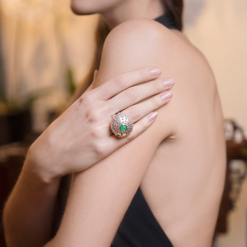 Model Wearing Sea Urchin Grande Ring in Sterling Silver with 18ct Gold in Chrysoprase