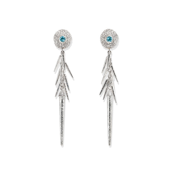 Sea Urchin Spine Earrings Blue Topaz in Sterling Silver