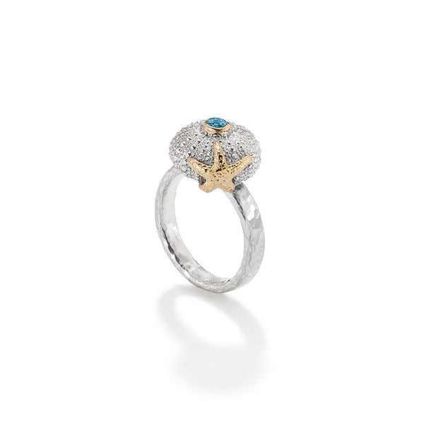 Sea Urchin Starfish Ring Blue Topaz in Sterling Silver and 18ct Gold