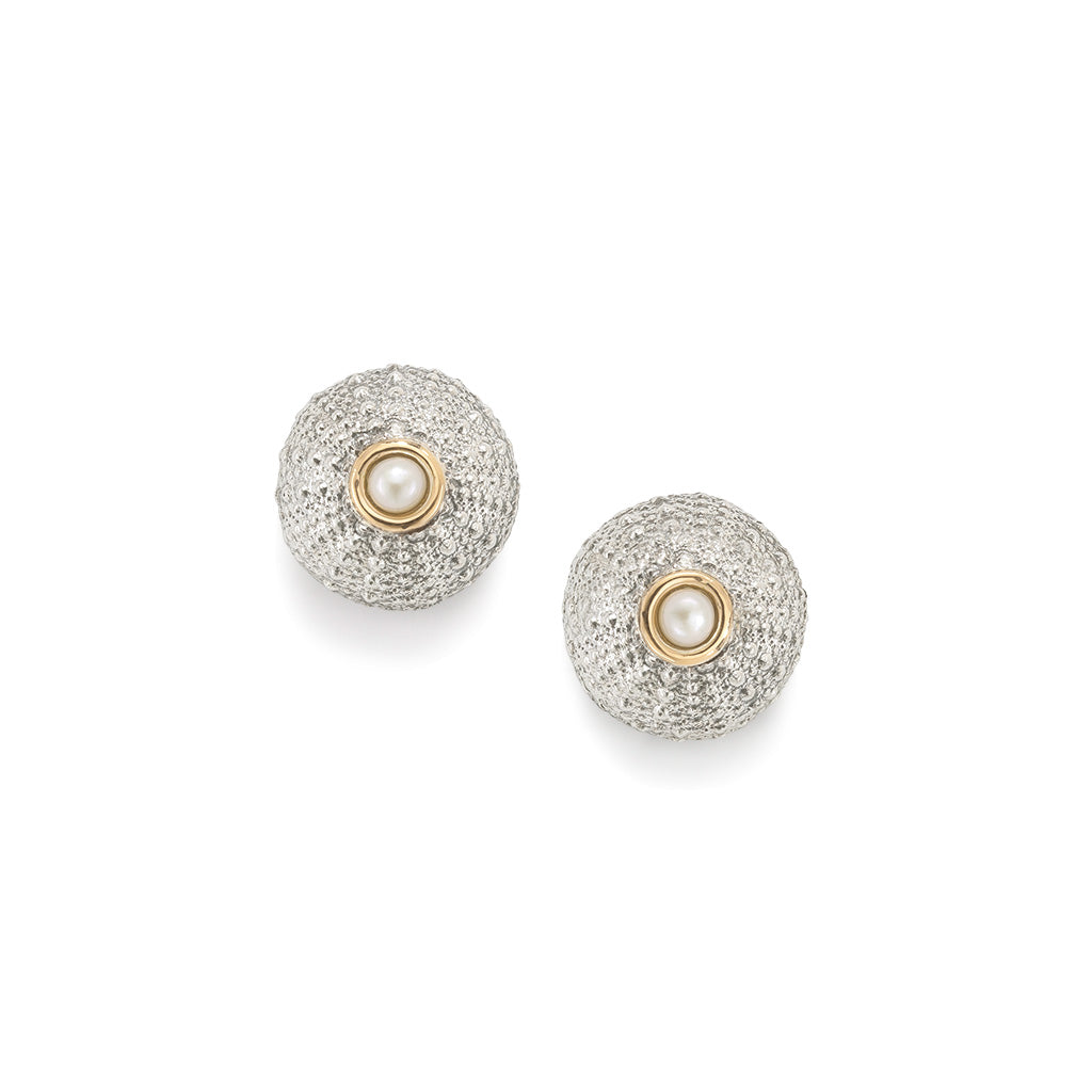 Sea Urchin Stud Earrings with Gold Pearl in Silver Patrick Mavros