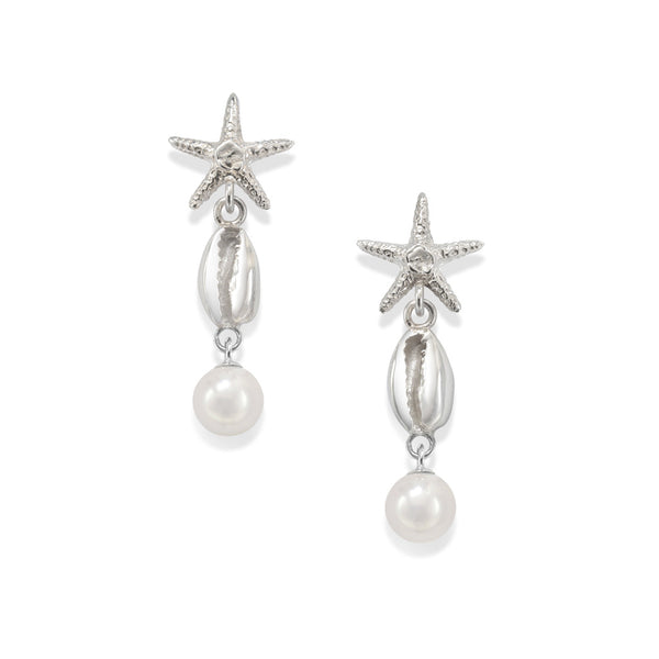 Starfish Cowrie Drop Earrings in Sterling Silver