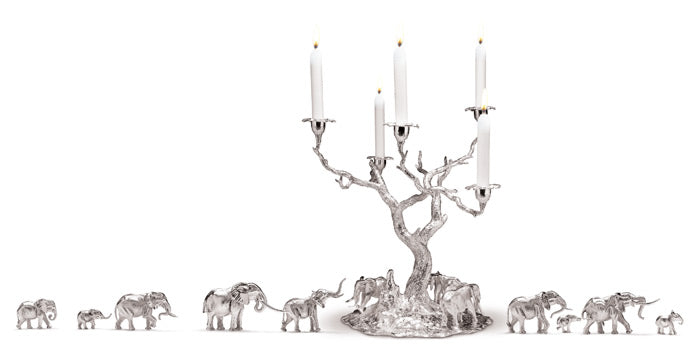 Tree of Lights Candelabra & Elephant Herd Sculptures in Sterling Silver