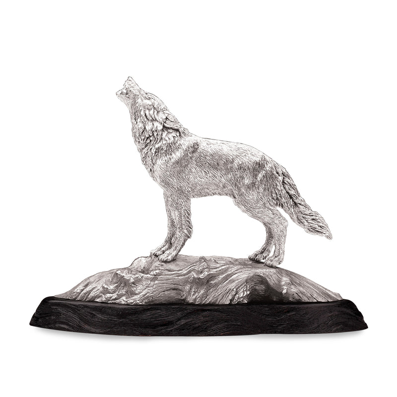 Wolf Standing Sculpture in Sterling Silver on Zimbabwean Blackwood base