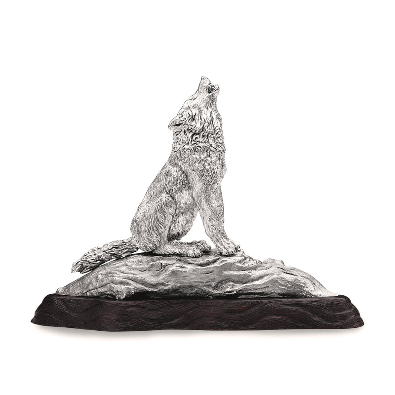 Wolf Sitting Sculpture in Sterling Silver on Zimbabwean Blackwood base