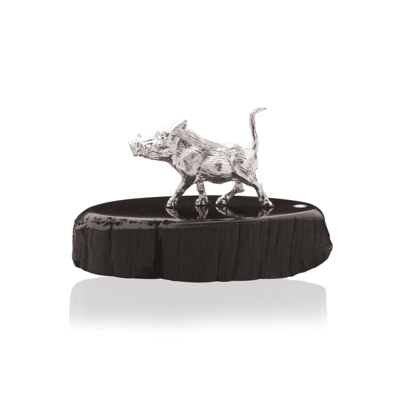 Warthog Running Sculpture in Sterling Silver on Zimbabwean Blackwood base - Miniature