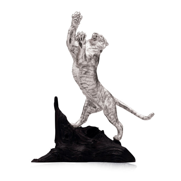 Tiger Sculpture in Sterling Silver on Zimbabwean Blackwood base