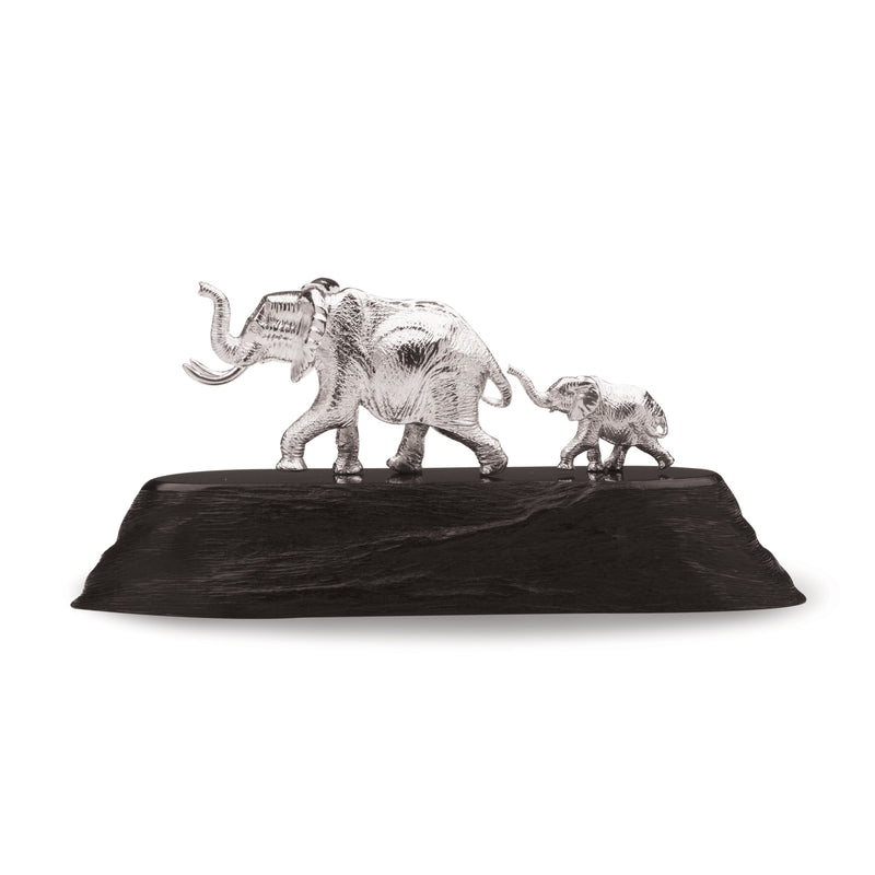 Elephant & Baby Sculpture in Sterling Silver on Zimbabwean Blackwood base - Medium