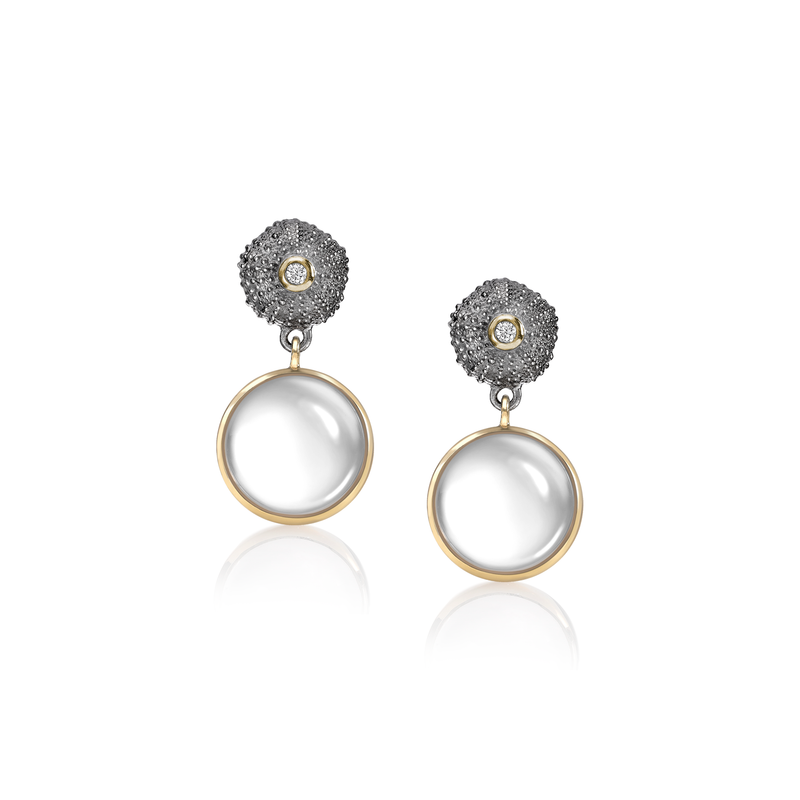 Ocean Tides Milky Quartz Oxidised Earrings with 18ct Gold in Silver by Patrick Mavros